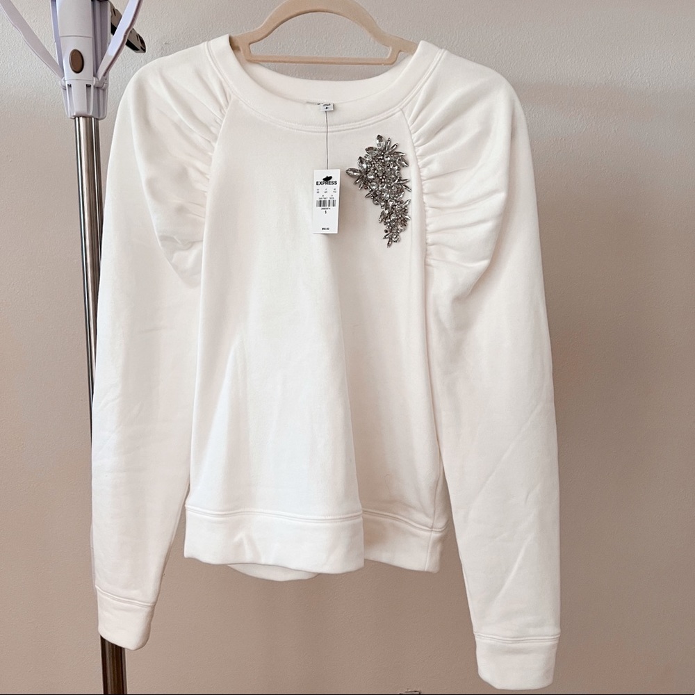 NWT Express Ruched-Sleeved Embellished Crew-Neck Sweatshirt | Size Small